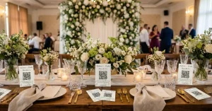 Cartonase personalizate cu coduri pentru qr photo sharing asezate pe o masa eleganta de nunta.