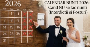 Calendar nunti 2026 deschis, cu date taiate cu rosu, ilustrand zilele cand nu se fac nunti religioase si posturile ortodoxe, langa o invitatie de nunta si verighete.