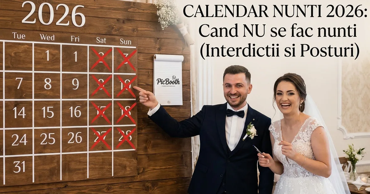 Calendar nunti 2026 deschis, cu date taiate cu rosu, ilustrand zilele cand nu se fac nunti religioase si posturile ortodoxe, langa o invitatie de nunta si verighete.