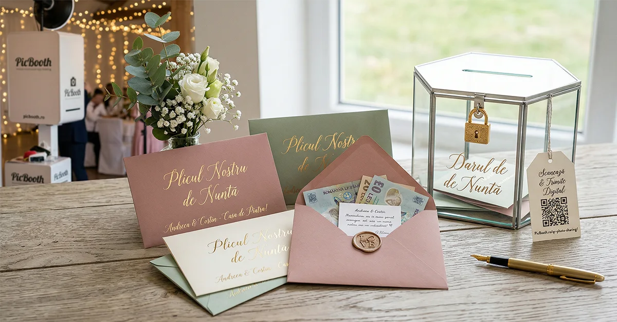 Un aranjament detaliat cu plicuri de bani nunta elegante si personalizate cu text auriu Plicul Nostru de Nunta, asezate pe o masa de lemn. Un plic roz este deschis, aratand bancnote euro si lei, langa o cutie de dar moderna din sticla si metal labeled Darul de Nunta cu cod QR. In background, se vede o receptie de nunta cu luminite si o cabina foto PicBooth branding.