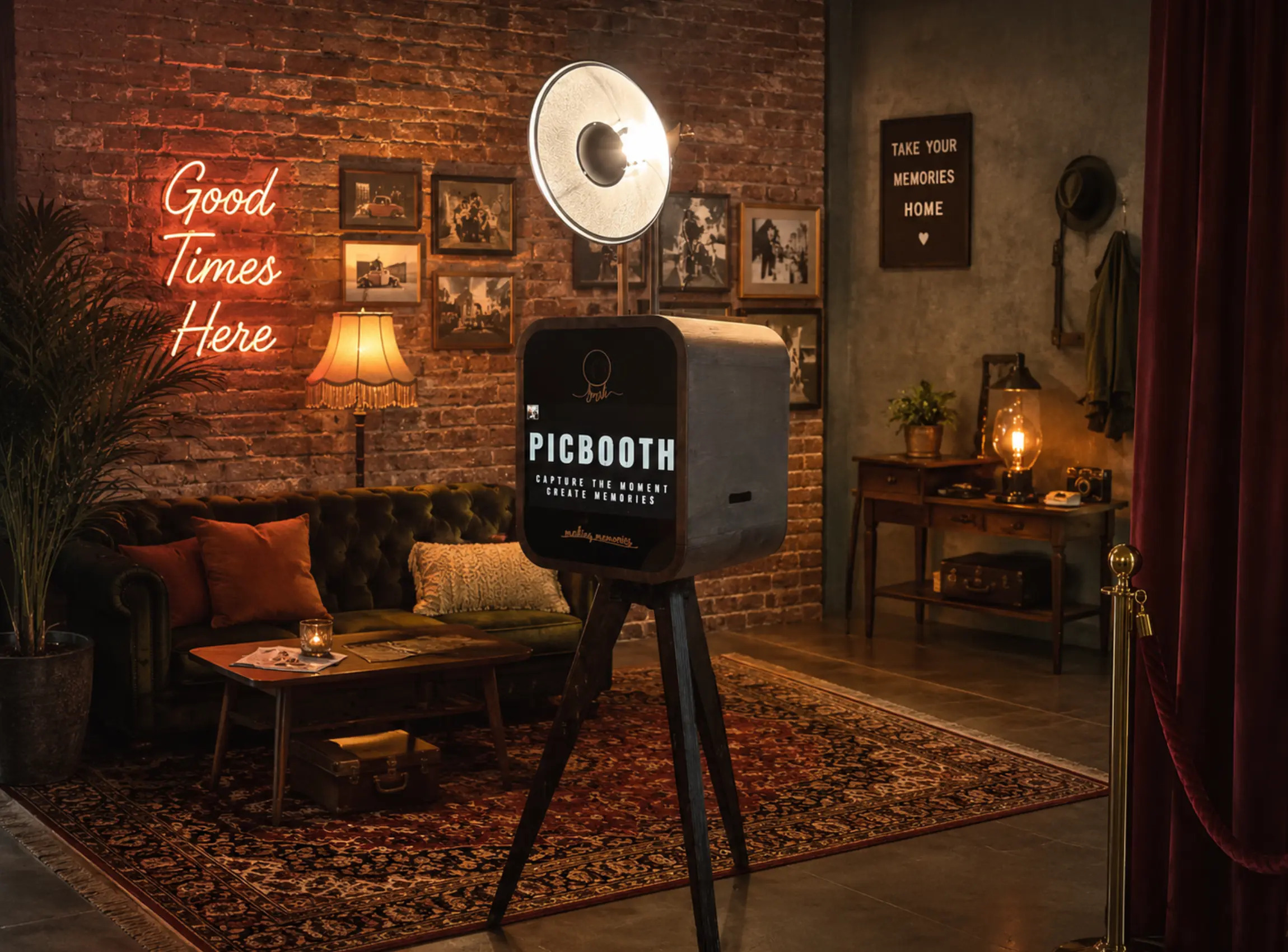 Cabina foto retro premium adauga un plus de eleganta si distractie oricarui eveniment. Cu design vintage modern, iluminare profesionala si print instant, photo booth-ul creeaza amintiri de neuitat pentru invitati la nunti, petreceri private si evenimente corporate.