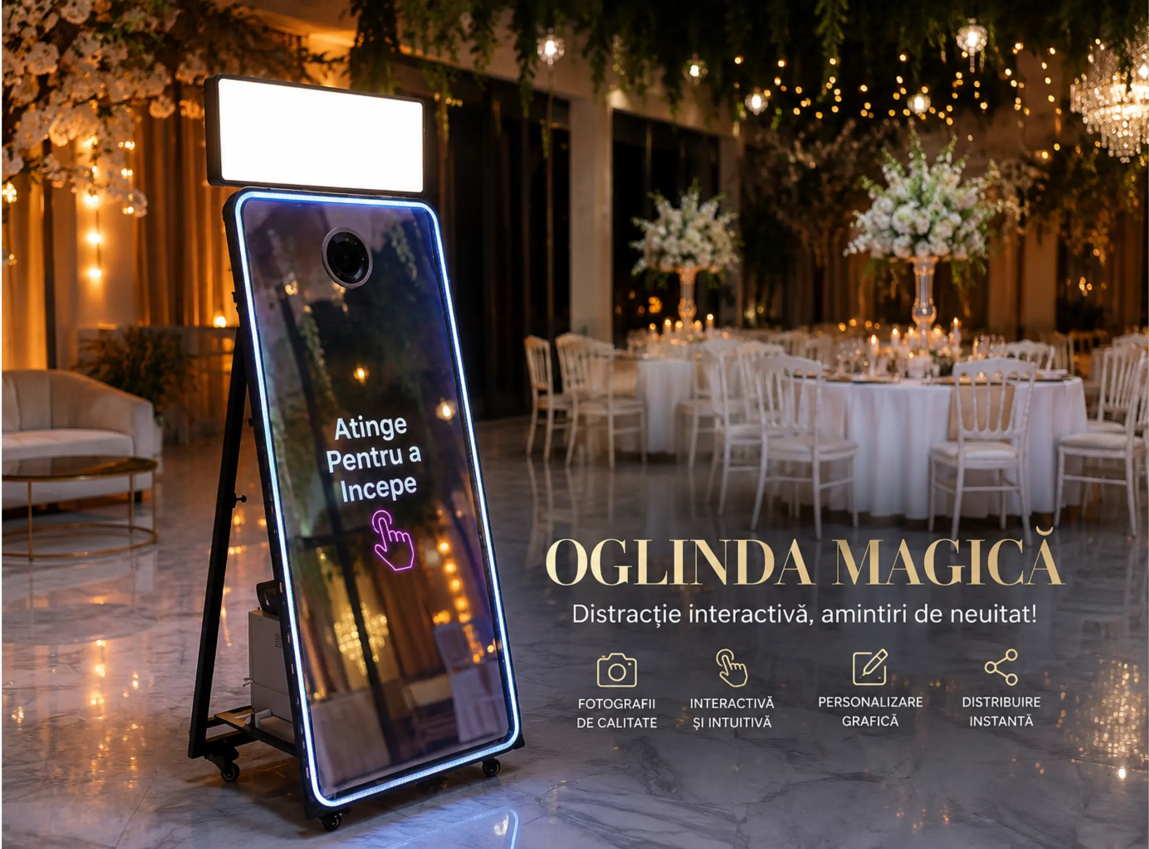 Oglinda Magica interactiva cu design elegant, lumini premium si experienta foto moderna pentru nunti, aniversari, botezuri si evenimente speciale.