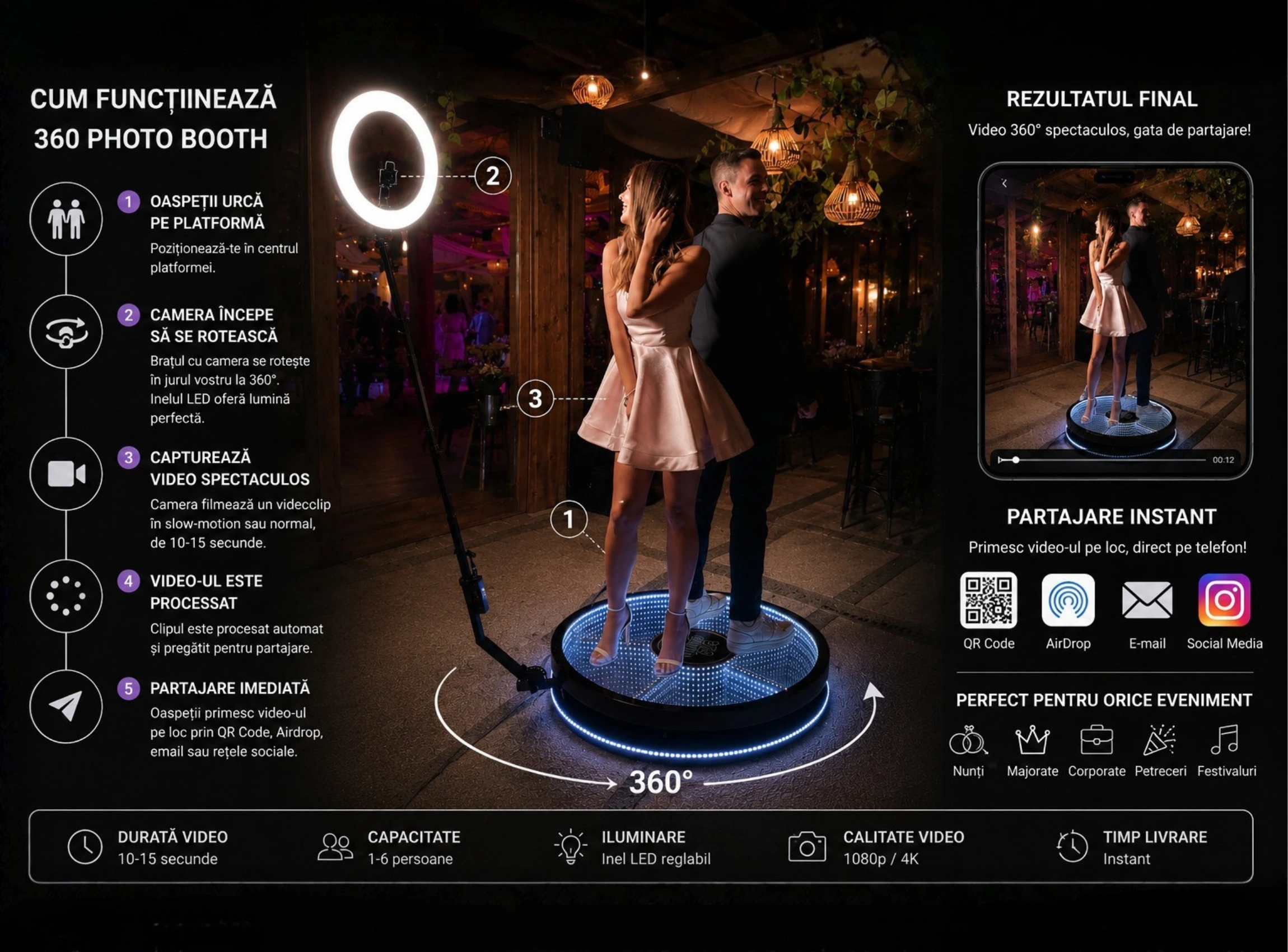 Video Booth 360 la eveniment premium, prezentand modul de functionare al platformei video 360 cu filmare slow motion, iluminare LED si partajare instant a videoclipurilor.