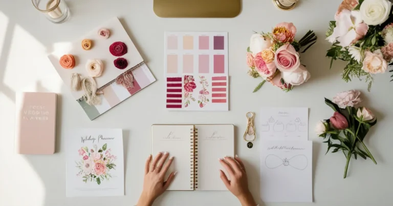 O agenda de planificare deschisa, un pix elegant si o invitatie, ilustrand cel mai complet ghid nunta 2026 pentru viitorii miri.