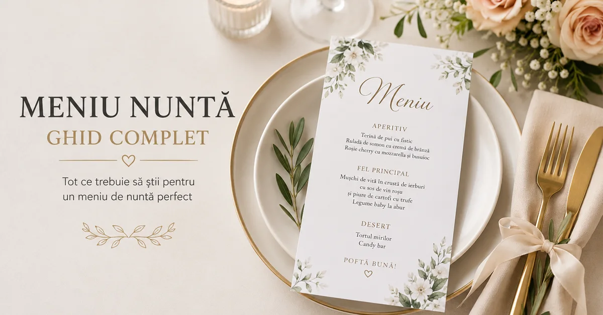 Un card elegant de meniu tiparit asezat langa o farfurie pe o masa de nunta decorata floral, prezentand structura unui meniu nunta clasic in 4 feluri.