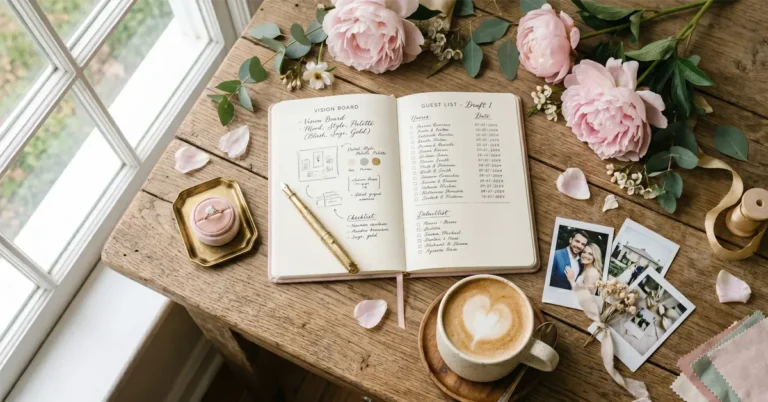 O agenda de nunti eleganta, un inel de logodna si flori asezate pe o masa, ilustrand pasii pentru calendarul miresei in organizarea evenimentului.
