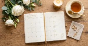 Un calendar deschis pe o masa de lemn, alaturi de verighete si flori albe, ilustrand un calendar ortodox nunti 2027 pentru planificarea evenimentului.