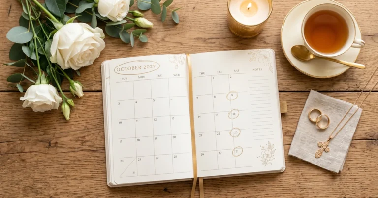 Un calendar deschis pe o masa de lemn, alaturi de verighete si flori albe, ilustrand un calendar ortodox nunti 2027 pentru planificarea evenimentului.
