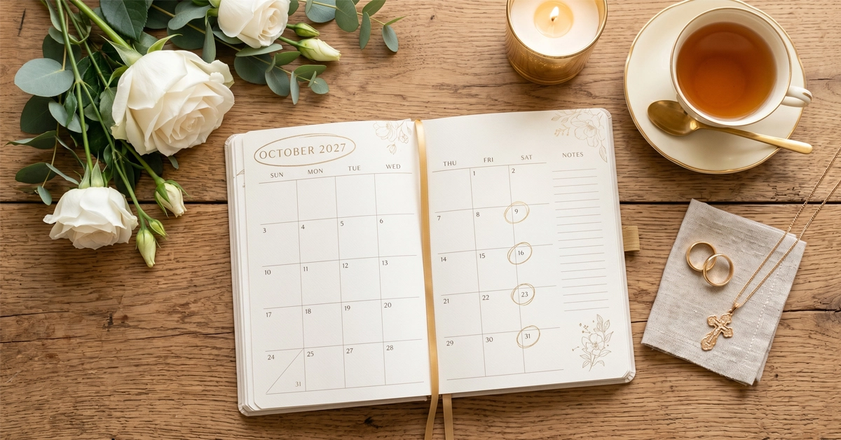 Un calendar deschis pe o masa de lemn, alaturi de verighete si flori albe, ilustrand un calendar ortodox nunti 2027 pentru planificarea evenimentului.
