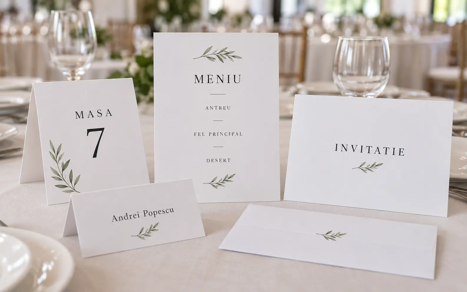 Invitatii, meniuri, numere de masa si plicuri pentru evenimente